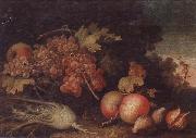 unknow artist Still lifes of Grapes,figs,apples,pears,pomegranates,black currants and fennel,within a landscape setting Germany oil painting reproduction